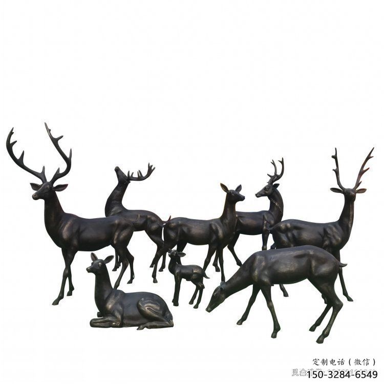 銅梅花鹿雕塑展品，鑄銅組合，梅花鹿銅雕塑常用