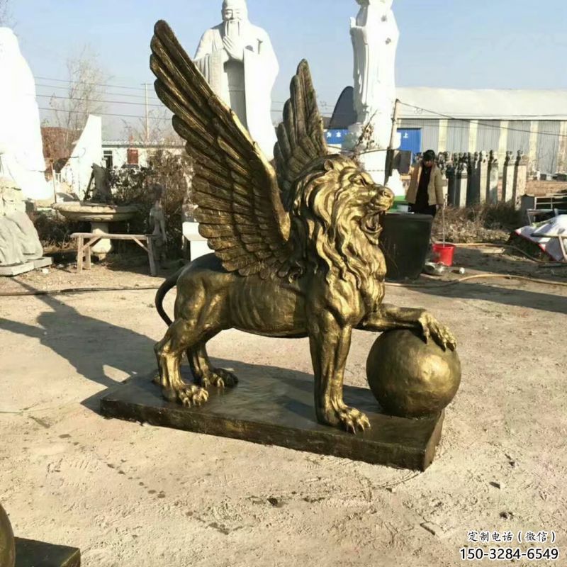抽象獅子雕塑制造，動(dòng)物美陳雕塑，仿銅飛獅雕塑展品
