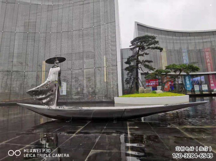 乘船人雕塑服務(wù)商，白鋼構(gòu)件，抽象不銹鋼乘船人雕塑定價(jià)