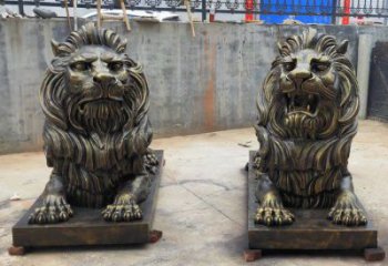 仿銅雄獅雕塑，動物美陳擺件，玻璃鋼獅子雕塑生產(chǎn)