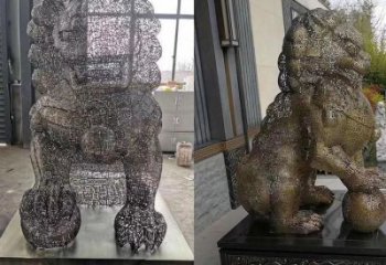 編織獅子雕塑定價，透雕動物雕塑，鏤空不銹鋼獅子雕塑