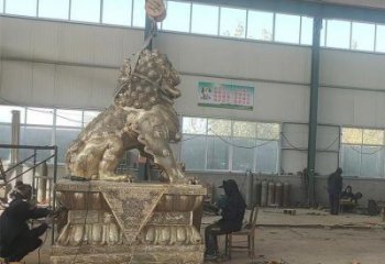 大型獅子雕塑展品，鑄銅制作，金屬蹲獅雕塑精品