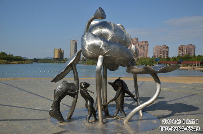 三明蓮蓬嬉戲雕塑，城市植物景觀雕塑，不銹鋼鏡面效果