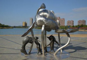 三明蓮蓬嬉戲雕塑，城市植物景觀雕塑，不銹鋼鏡面效果